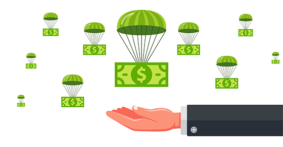 Money parachuting into hand