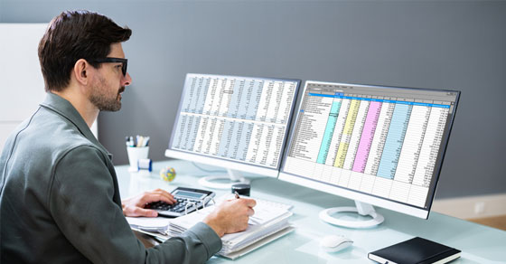 Man looking at spreadsheets on computer.