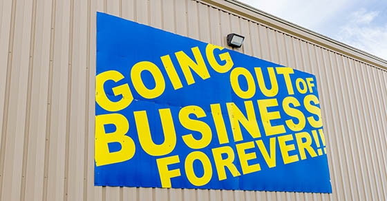 Large going out of business forever sign. Concept of unemployment, bankruptcy and economic recession